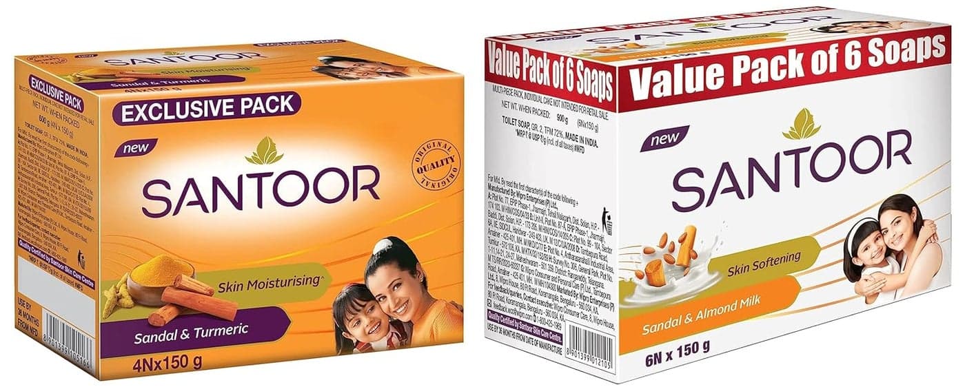 Santoor Sandal Almond Milk Soap 150 G Pack Of 6 And Sandal Turmeric Soap For Total Skin Care 150G Pack Of 4