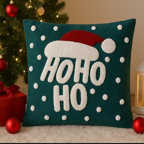 The Purple Tree Green HO HO HO Christmas Embroidered Cushion (Pack of 1, 16x16 inch) Christmas Decor Cushion, Xmas Gift, Best Gift for Christmas
