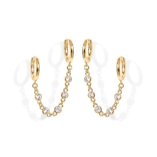 PAVOI 14K Gold Chain Earrings for Women | Double Piercing Dangle Chain Huggie Hoop Earrings | Cubic Zirconia Pearl Stud Ear Cuff Earrings for Women