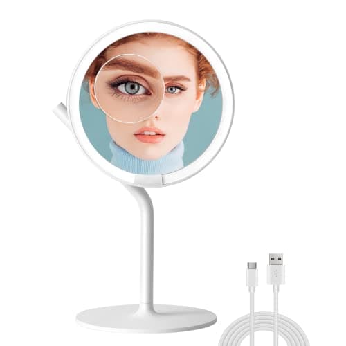 AMIRO 8'' LED Makeup Mirror, 5-Level Brightness/Touch Screen Control/Memory Function/180° Rotation/Detachable Small 5X Magnification Mirror