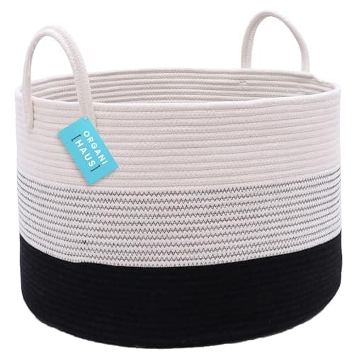OrganiHaus Large Woven Storage Basket for Blankets and Toys 20" x 13" Inch, Rope Laundry Basket with Handles, Cushions & Pillows Storage Bin, Nursery Hamper, Soft Round Dog Toy Bin - Black/Off-White