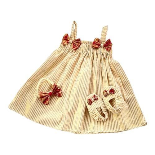 Picksparrow Baby Girl Fit And Flare Knee-Length Cotton Dress-Headband-Booties/Namakarana Set (Cotton-Lurex) (0-3 Months, Gold - Elastic Neck)