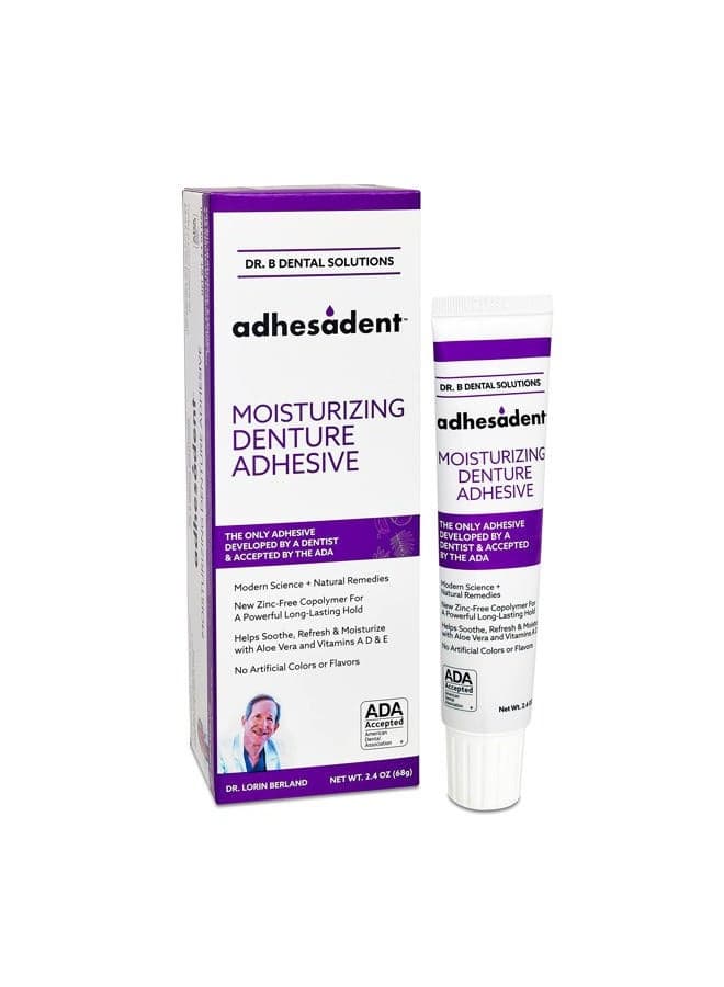 Adhesadent Moisturizing Denture Adhesive - Secure Denture Glue with Strong Grip & Natural Taste - Zinc-Free Dental Adhesive for Dentures, Overdentures - 2.4 oz