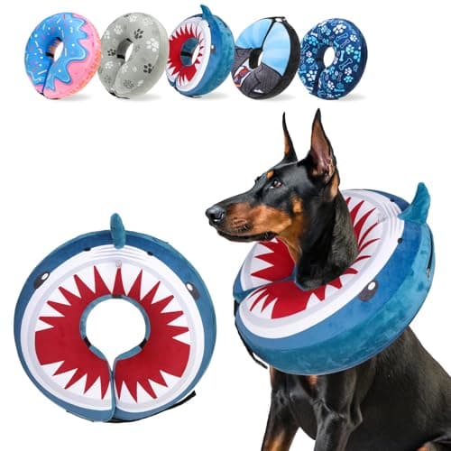 SCENEREAL Dog Cone Alternative After Surgery Pet Recovery Collar for Small Medium Large Dogs Cats, Adjustable Inflatable Donut to Prevent Licking, Shark Print E-Collars