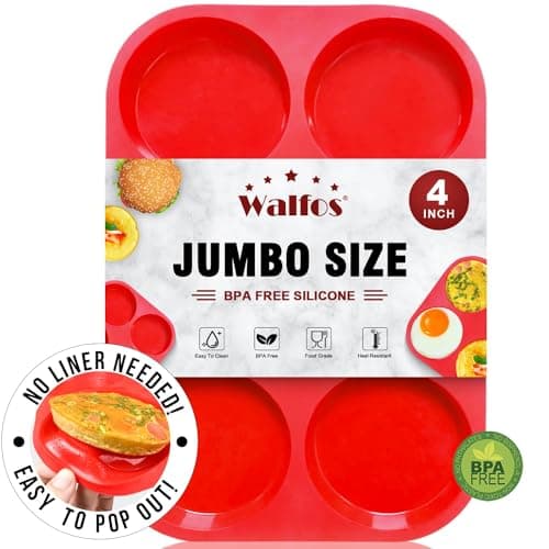 Walfos Silicone Muffin Top Pans for Baking 4inch Jumbo Size, Perfect Results Premium Non-Stick Bakeware Egg Baking Pan, Great for Eggs, Hamburger Bun, Muffin Top and More, Food Grade & BPA Free, 1pc
