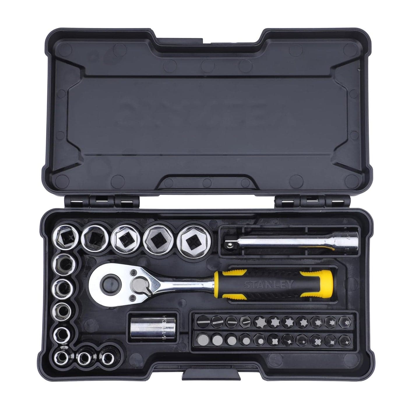 STANLEY STMT82672 14 37Piece Chrome Compact Socket Set comes with a HeavyDuty Plastic Case for Home DIY Industrial Professional Use YELLOW BLACK