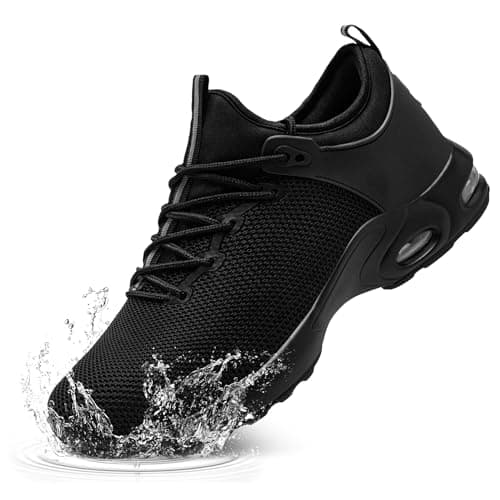 LARNMERN Steel Toe Waterproof Shoes Men Slip On Lightweight Work Sneakers Safety Comfortable Construction Air Shoe (7.5 Men, Black)