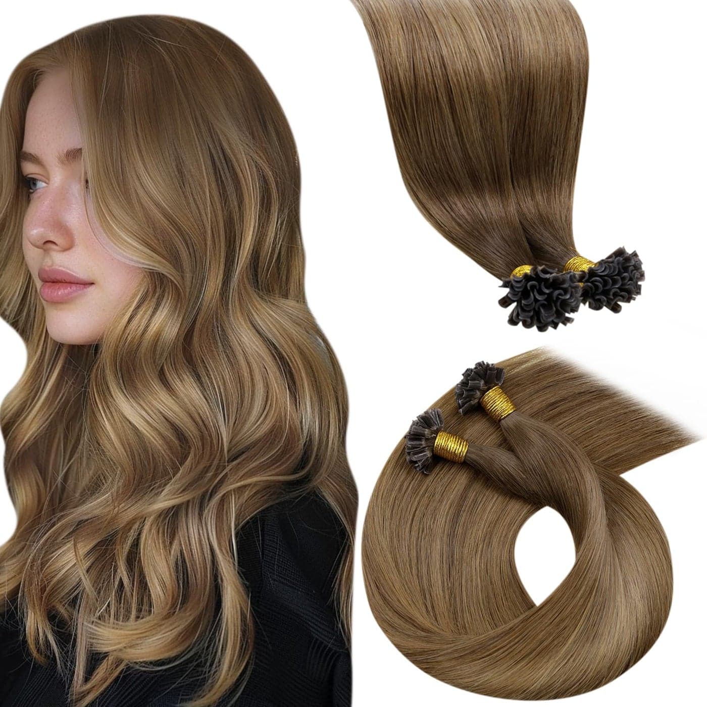 LaaVoo Utip Hair Extensions Human Hair Ombre Brown to Light Brown Mix Golden Brown U Tip Hair Extensions Human Hair Ombre Straight K Tip Hair Extensions Real Human Hair Nail Tip 16 Inch 50gs