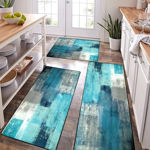 TOMWISH Kitchen Mat Turquoise Kitchen Rugs Sets 3PCS Grey Abstract Art 20"X32"+20"X48"+20"X59"Kitchen Mats for Floor Washable Non-Slip Kitchen Floor Mats Decor Dining Room Office Sink Laundry