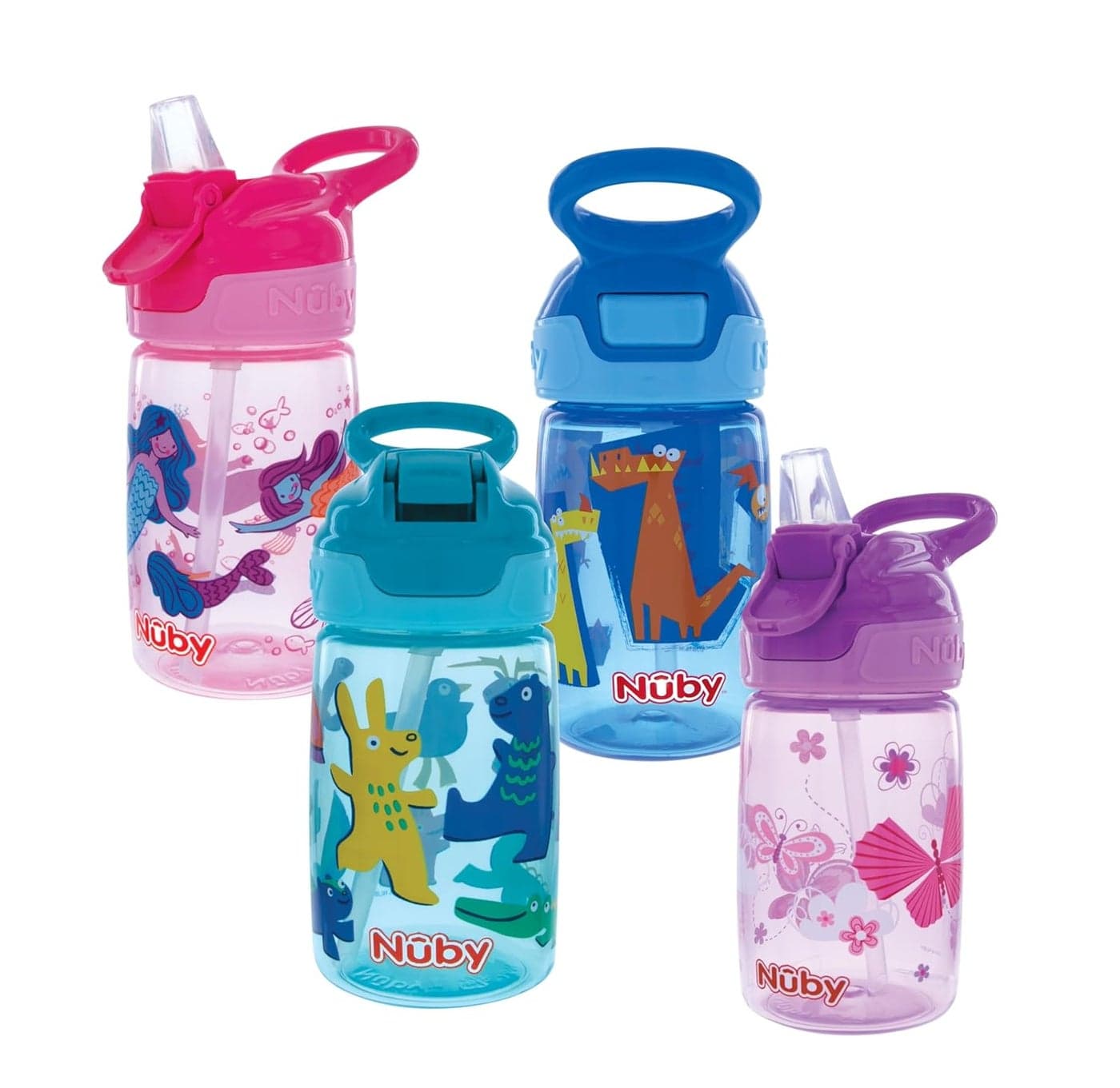 Nuby Kids Flipit Reflex Push Button OnTheGo Printed Water Bottle with Soft Spout 12oz 360ml 18 Months 1pk you will receive one of the following colors Aqua Blue Pink or Purple