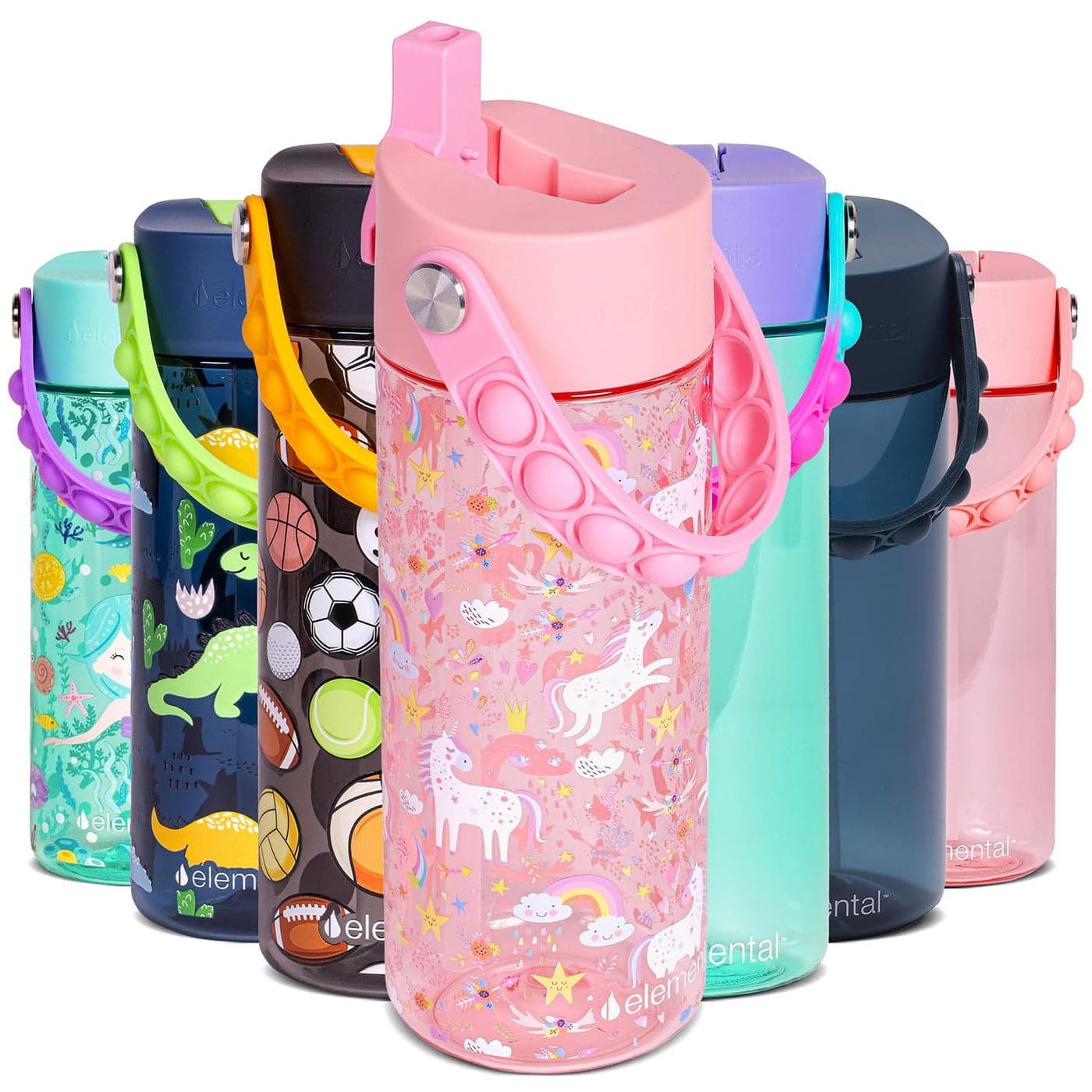 Elemental Water Bottles for Kids Splash Kids Water Bottle for School with Popit Handle BPA Free Tritan Plastic Water Bottle with Straw Leak Proof when Spout is Closed Pink Unicorn 18oz