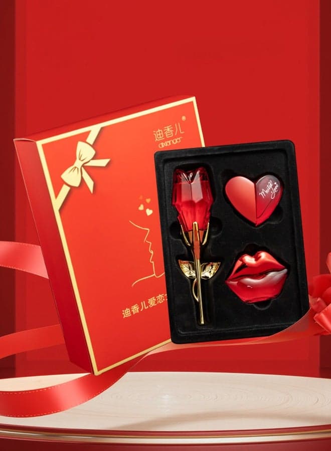 4-Piece Romantic Rose & Heart Perfume Gift Set for Women, Luxury Floral Fragrance Kit with Rose-Shaped Bottle, Heart & Lip-Shaped Perfumes, Stick, Elegant Eau de Parfum for Valentine’s Day, Anniversary