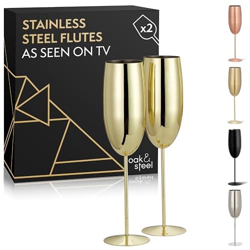 Oak & Steel - Set of 2 Gold Champagne Flutes (10 oz) Stainless Steel Stemmed Champagne Glasses for Mimosa, Prosecco, Toasting, Gift for Bride & Groom, Wedding, Christmas, Valentines, Anniversary