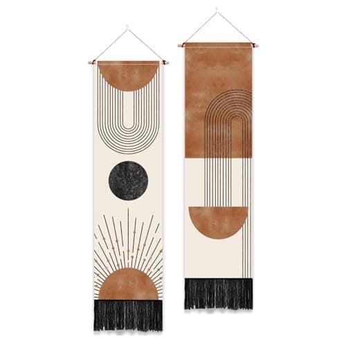 PLIGREAT 2 Pack Boho Style Tapestry with Tassels, 52" x 13" Geometric Aesthetic Wall Hanging Vertical Home Art Tapestry for Bedroom Living Room Bathroom Long Narrow Wall Hanging Art Decor