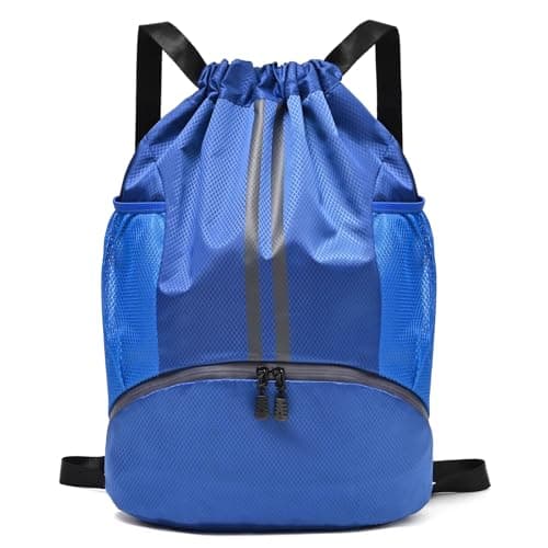 LOKAPEGY Drawstring Gym Bag for Men Waterproof Drawstring Backpack for Women Swim with Shoes Compartment Pull String Sport Bag for Soccer and Basketball Blue