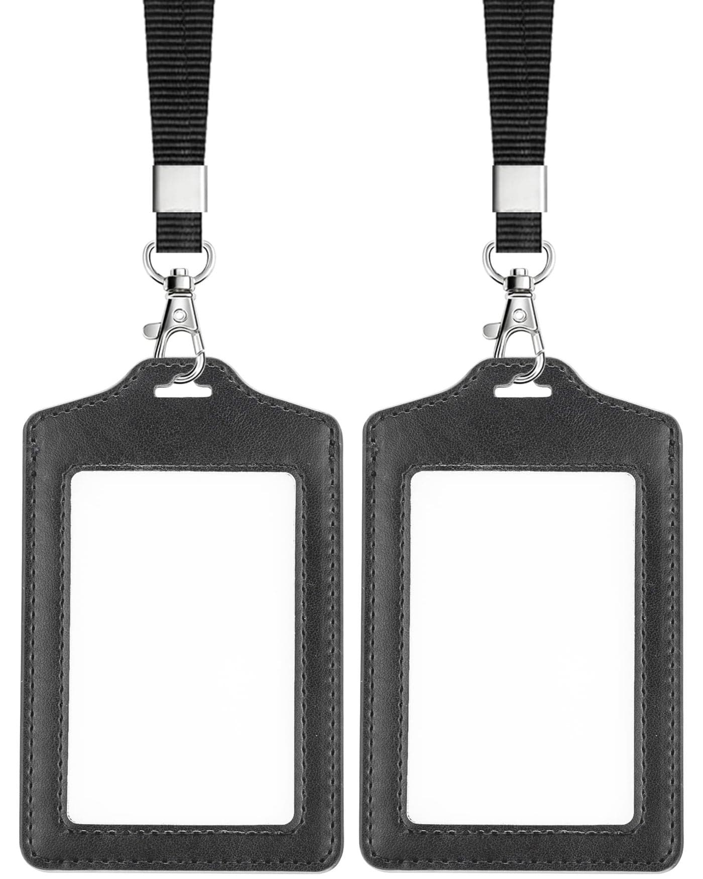 Teskyer 2 Pack Double Sided Clear Badge Holder with Lanyard, PU Leather ID Badge Name Card Holder with Stainless Steel J-Hook Nylon Lanyard for Work, School, Metro, Access, Black
