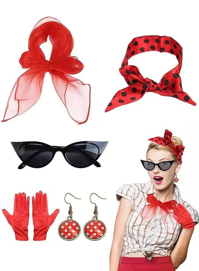 French Women Fancy Dress Costume Accessories Set, 5 Pcs with Headband Scarf Sunglasses Gloves Earrings, 1950s Retro Costume Accessories Set for Women Girls Cosplay Party Supplies School Dress Up Day