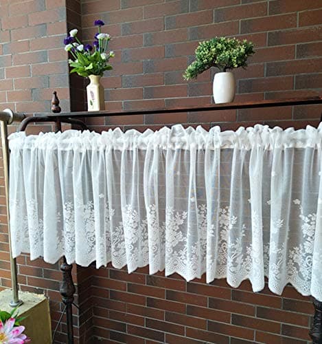 Molaxhome White Lace Valances for Windows 51x16inch Lace Floral Embroidered Semi Sheer Curtain for Kitchen Cafe Dinning Bath Room 1 Pcs White