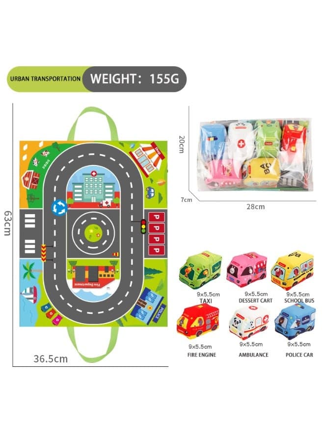 Toddlers Toy Fabric Car Set With Playmat and Storage Bag (Includes 6 Cars) , Baby Fabric Car Rug Vehicle Transportation Mat, Built-In Crinkle Paper and Bell, 2-In-1 Play Mat Tote Bag Design, Children Educational Early Learning Toy, Multi-Functional Machine Washable, Cultivate Hands-On Ability & Hand