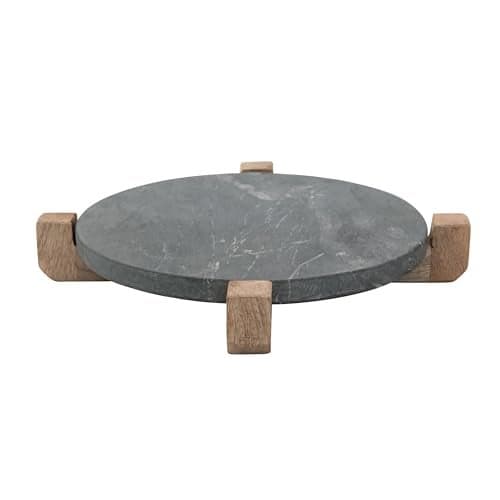 Marble Serving Board with Mango Wood Stand, Black & Natural, Set of 2