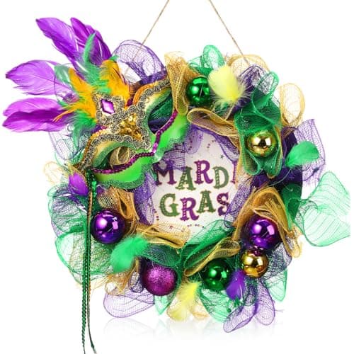 Hoteam Mardi Gras Wreath for Front Door Purple Green Gold Carnival Wreath Glitter Mardi Gras Festival Decoration with Venetian Mask for Indoor Outdoor Holiday Party Favors (Carnival,13 Inch)