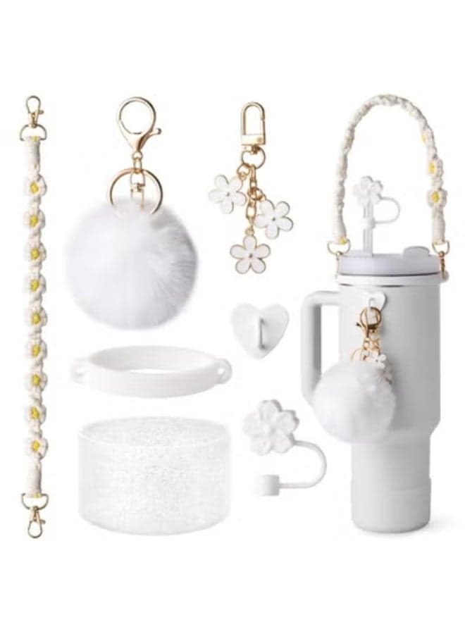 Stanley Cup Accessory Set: Bottle Handle, Strap, Silicone Cup Cover, Lipstick Holder, and Cute Keychain (White)