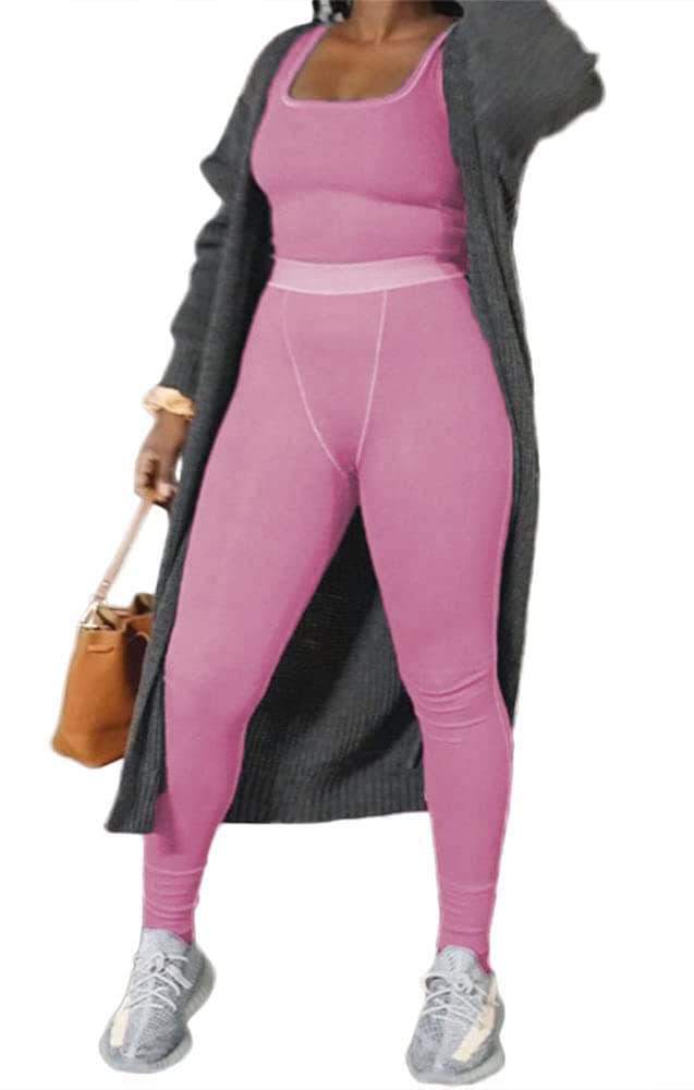LICOBOD Casual Workout Sets 2 Piece Outfits for Women Ribbed Crop Tank Top High Waist Yoga Leggings Lounge Wear Tracksuit
