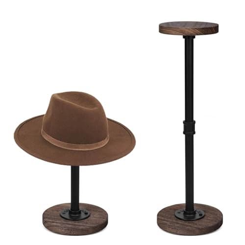 Vrietina 2 Pcs Tabletop Hat Stand Cap with Height Adjustment Industrial Metal Pipe Rustic Burnt Wood Hat Rack Wig Rack or Jewelry Display Riser