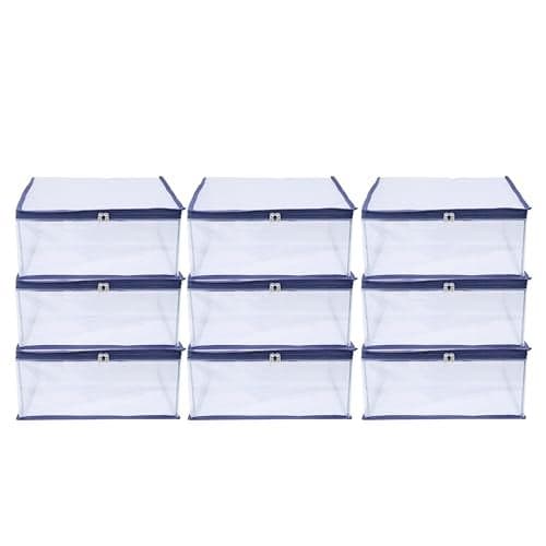 MBW Clothes Organiser for Wardrobe, Saree Covers with zip, Saree Organizer for Wardrobe, Clothes Storage Bag, Saree Bags Storage, Saree Covers for Storage, Transparent (Dark Blue - Pack of 9)