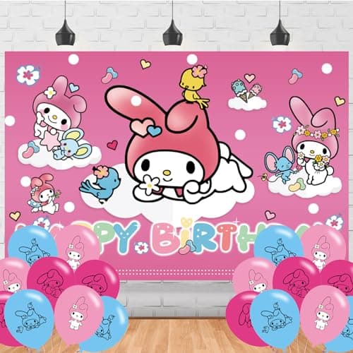 My Melody Birthday Party Backdrop & Decoration - Pink Themed Happy Birthday Banner, 5x3ft