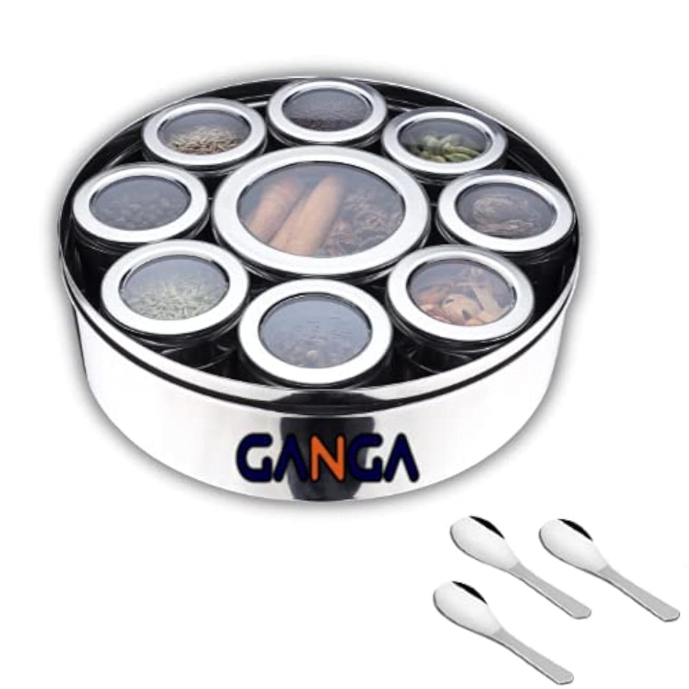 GANGAMETAL Stainless Steel 9 IN 1 Spice Box Masala Dabba For Kitchen Steel Masala Box For Kitchen Steel Masala Dani For Kitchen See Through Lid 9 Containers with 9 Spoon Silver