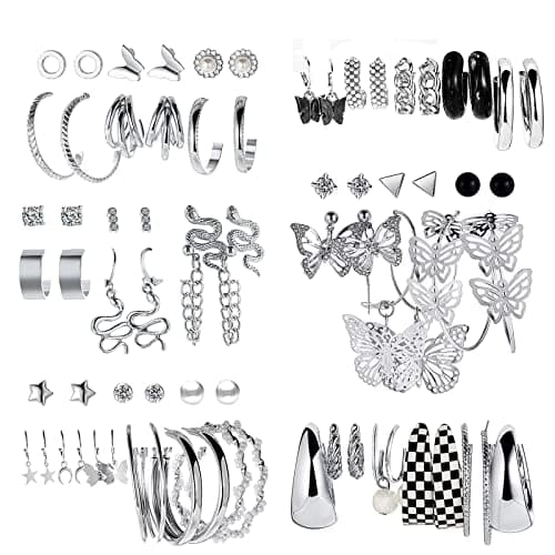 JMScape 37 Pairs Silver Hoop Earrings Set for Women Multipack Fashion Drop Dangle Earring Packs Pearl Studs Butterfly Earrings Hypoallergenic Chunky Hoops Jewelry for Valentine's Day Gifts