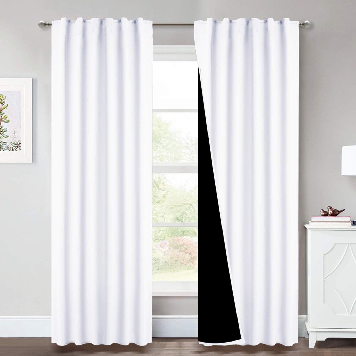 NICETOWN Full Shading Curtains Super Heavyduty Black Lined Blackout Drapes with Rod Pocket Back Tab for Bedroom Privacy Assured Window Treatment Pure White Pack of 2 52 inches W x 95 inches L