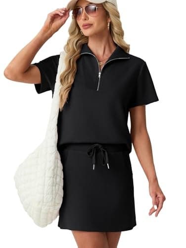 GRECERELLE Two Piece Skirt Set for Women Casual Half-Zip Short Sleeve Top & Elastic Skort Tennis Outfits(Black, Large)
