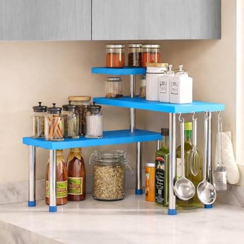 Copelle Rack for Kitchen Storage, Corner Shelf for Kitchen, Organizer Rack, 3 Tier Spice, Oil Stand, Tabletop Adjustable Rack for Makeup, Office(Blue)