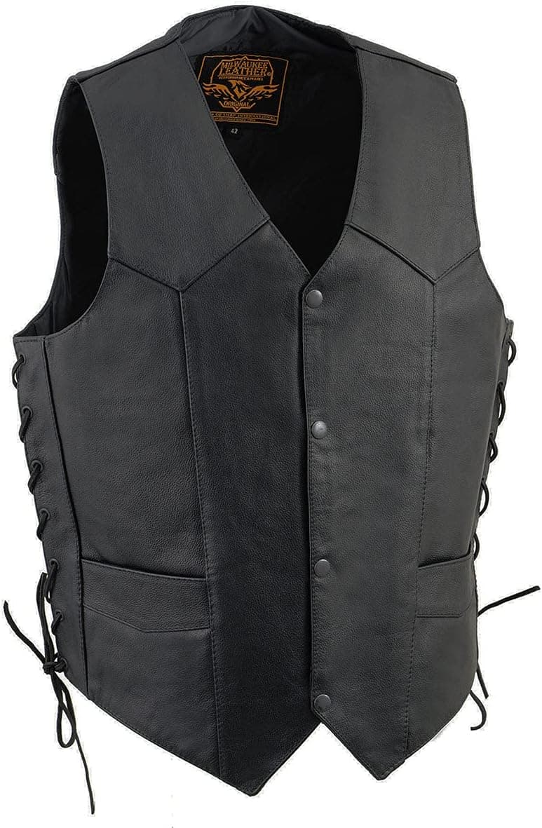 Milwaukee Leather Men's Black Leather Classic V-Neck Side Lace Motorcycle Rider Vest
