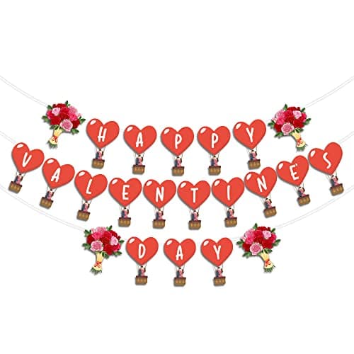 Festiko® Happy Valentine's Day Banner with Flowers & Hot Air Balloon Signs, Valentine's Decorations, Valentine's Day Decoration Item, Love Celebration Banner, Valentine Banner