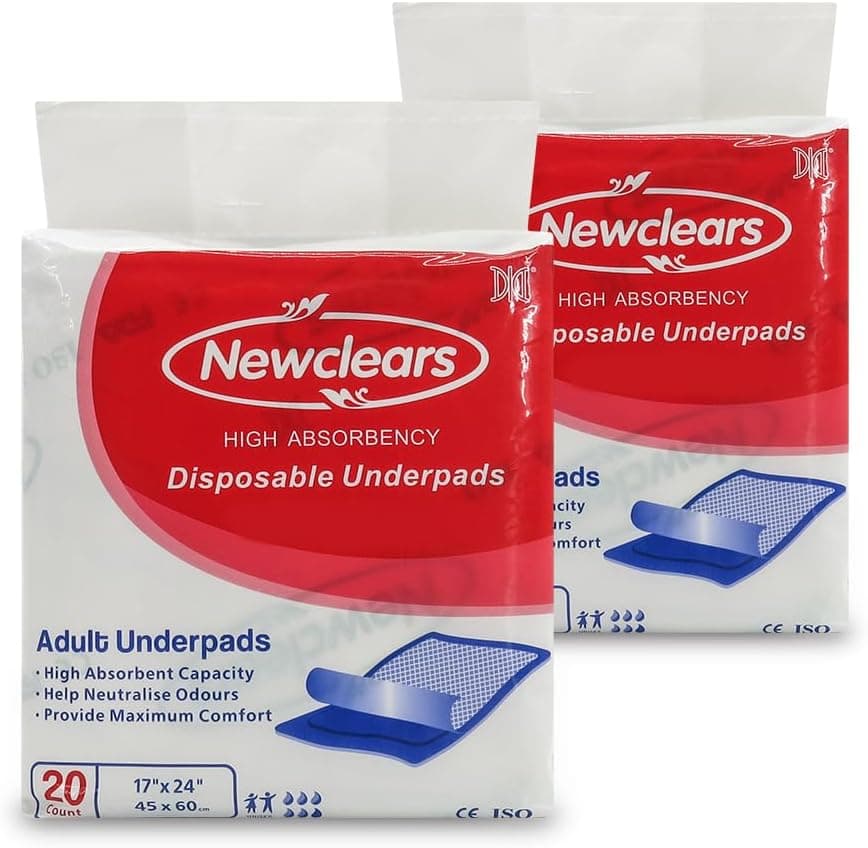 Newclears Adult Disposable Underpads, 17 x24 inch - 2pack(40count), for Disability Postnatal Patient Bedridden Care