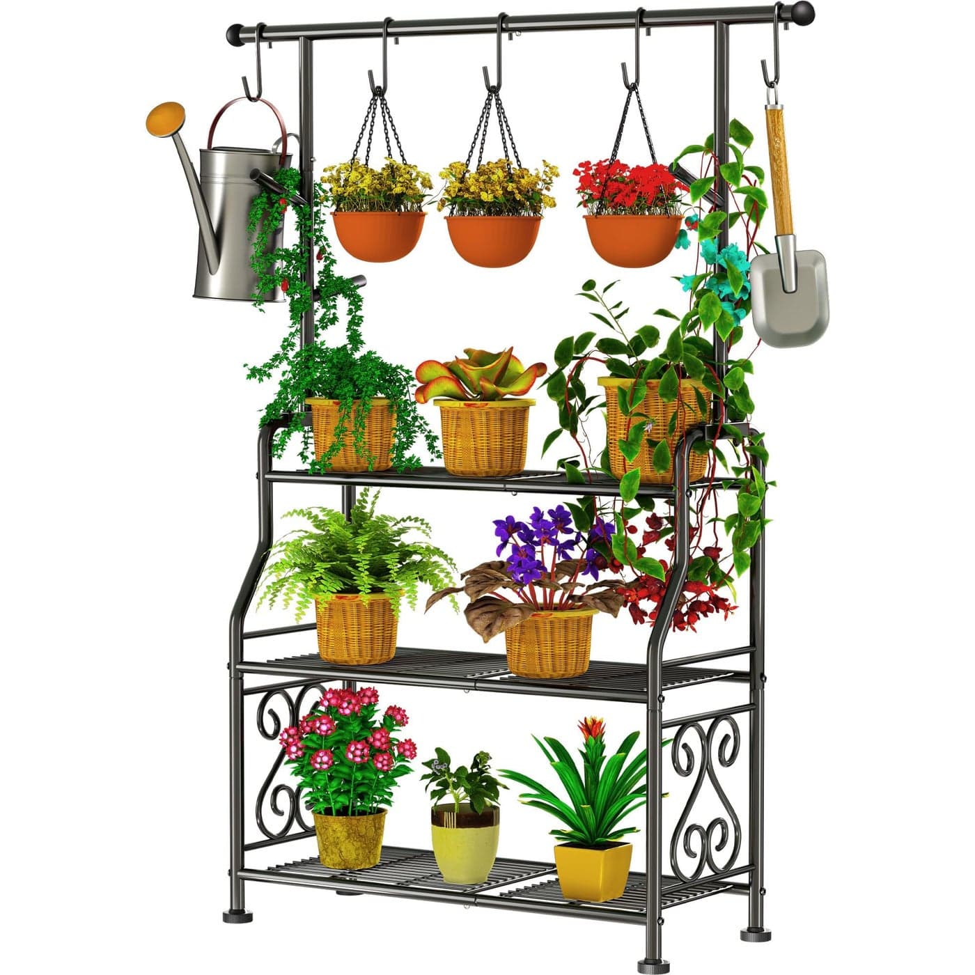 GIOTORENT Plant Stand Indoor 3Tier Heavy Duty Metal Shelf for Patio Indoor Tall Plant Holds 14 Plants with 5 Hooks RustProof Plant Holder for Garden Balcony Living Room Black