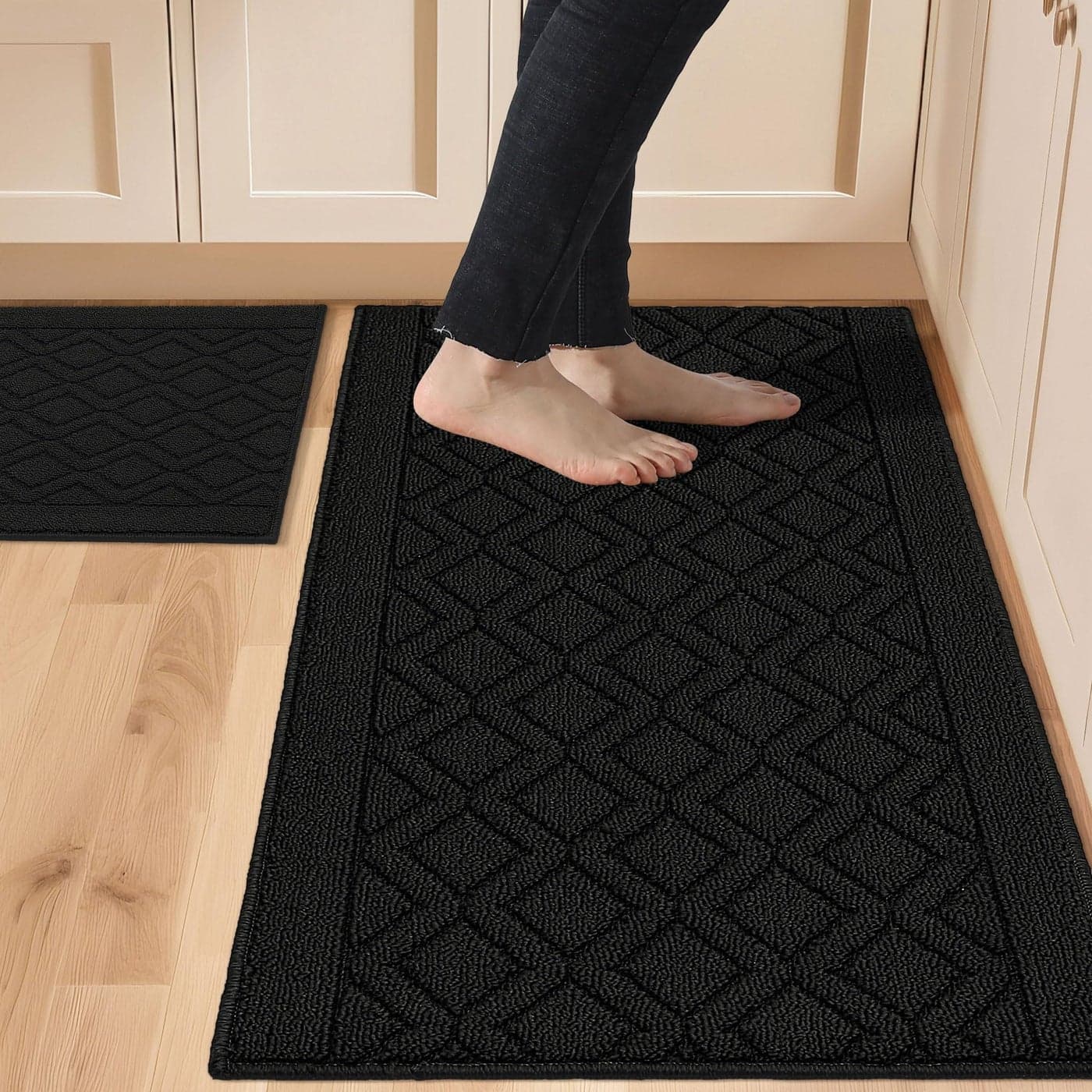 COSY HOMEER 48x20 Inch30X20 Inch Kitchen Rug Mats Made of 100 Polypropylene 2 Pieces Soft Kitchen Mat Specialized in Anti Slippery and Machine WashableBlack