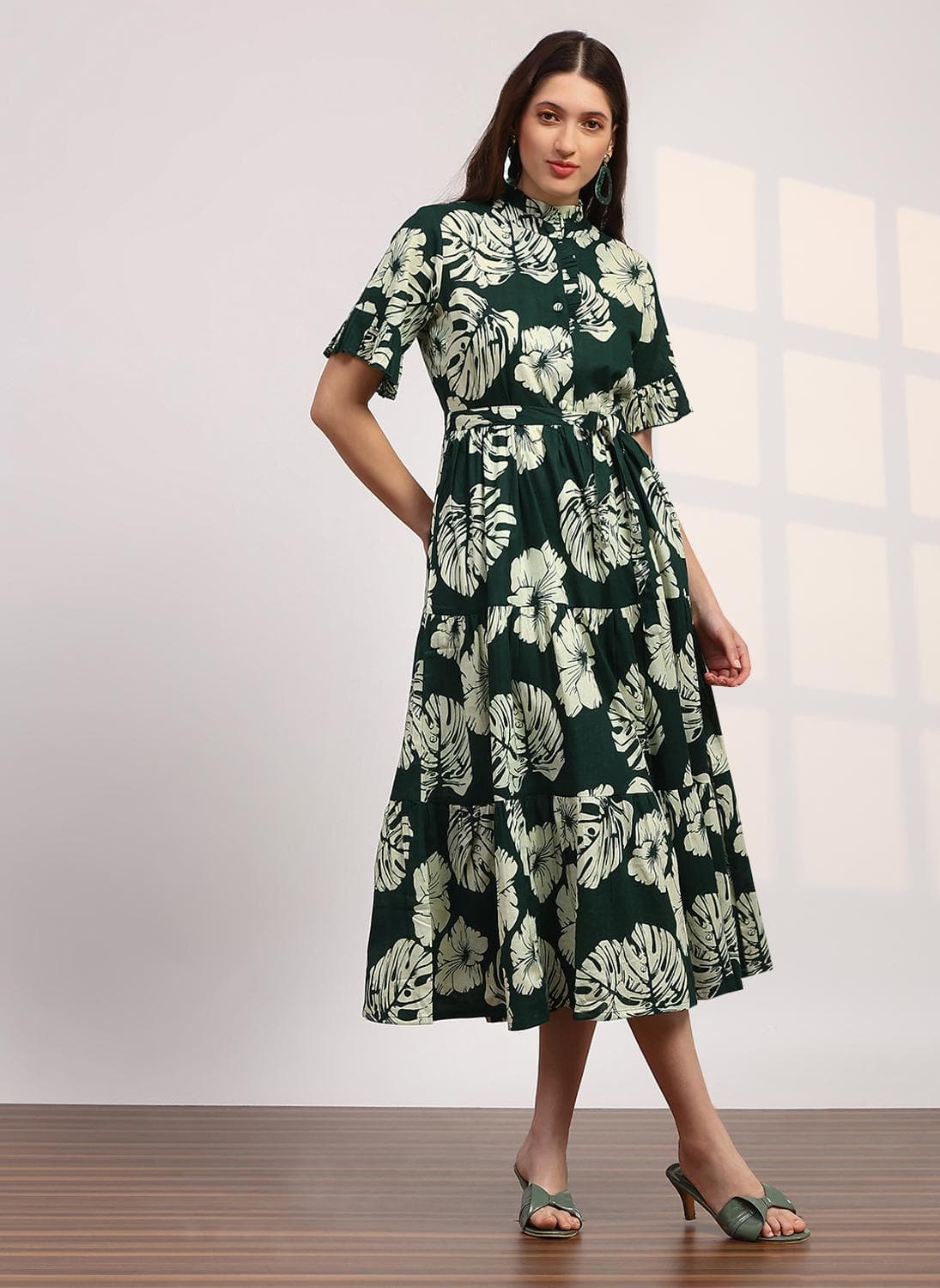 Globus Women's Dark Green Tiered Casual Belted Ethnic Dress with Mandarin Collar and Floral Print