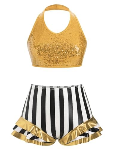 Women Sparkly Sequins Halter Crop Top Black and White Stripe Metallic Dance Short Adult Acrobat Trapeze Artist Outfits Ballerina Dance Dress Contemporary Lyrical Dance Costume Gold L