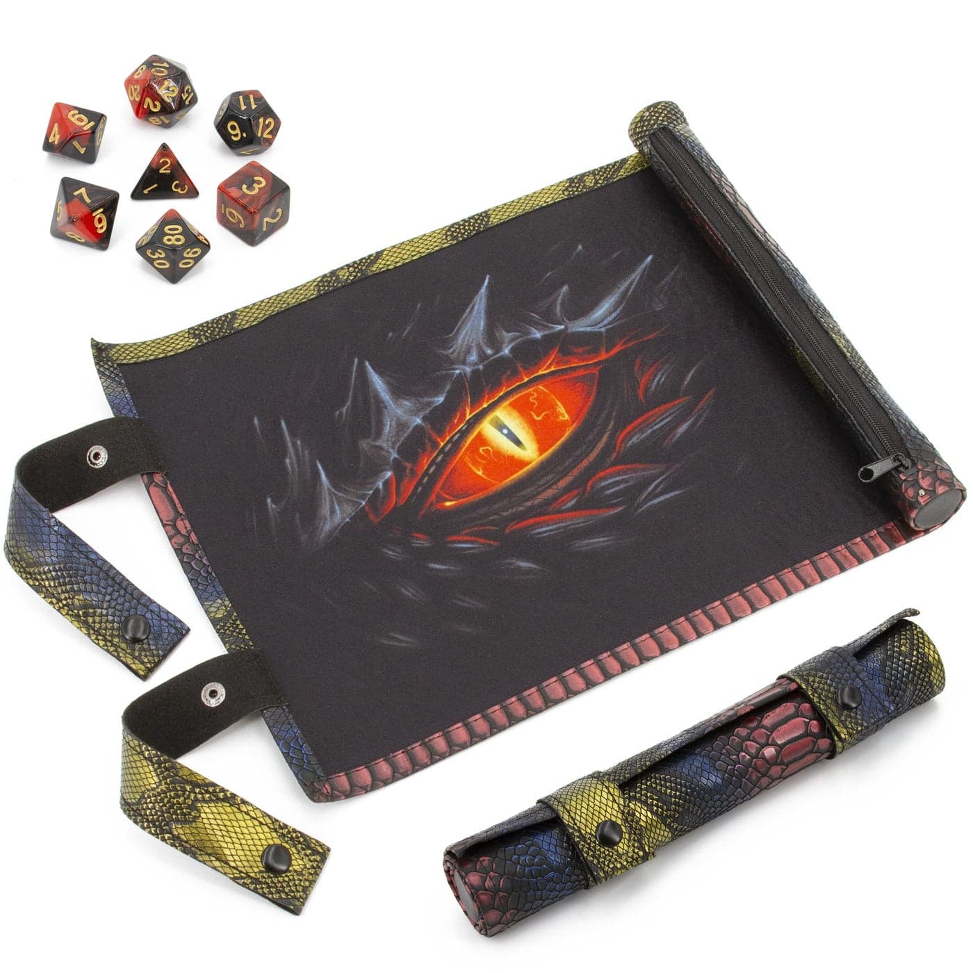 CASEMATIX Dice Rolling Tray and Dice Mat with 7 Included Roleplaying Dice Compatible with DND and Other Games - Scroll Rolling Tray and Travel Dice Holder for Storing up to 14 Game Dice