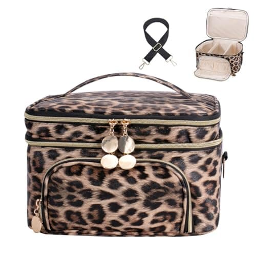 FITINI Double Layer Travel Makeup BagWomen Cosmetic Organizer CaseSkin Care Essentials Toiletries Bags with Shoulder Strap Waterproof Brush Storage with Removable DividersExtra Large Brown Leopard