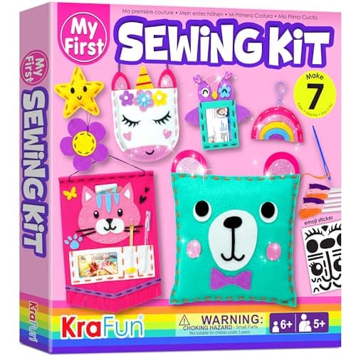 KRAFUN My First Sewing Kit for Beginner Kids Arts Crafts 7 Easy DIY Projects of Stuffed Animal Dolls and Plush Pillow Craft Instructions Felt Gift for Girls Boys Learn to Sew Embroidery