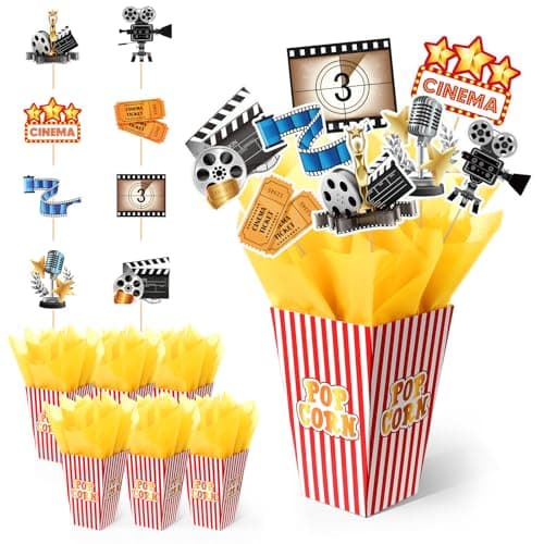 LemonRoad 6 Sets 74 Pcs Movie Night Party Centerpieces Movie Night Theme Decorations Ticket and Star Table Toppers with Popcorn Box Theater Cutouts and Sticks for Theater Party Birthday Decor
