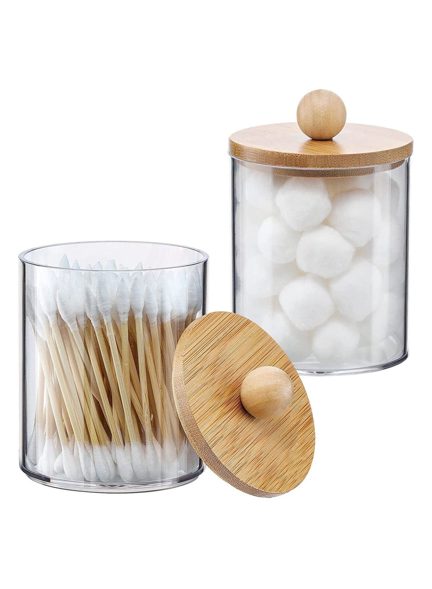 MahMir Bathroom Jars Qtip Holder, Apothecary Jars, Acrylic Cotton Ball Holder, Clear Bathroom Canisters with Bamboo Lids for Cotton Swab Cotton Brush (2 Jars Pack)