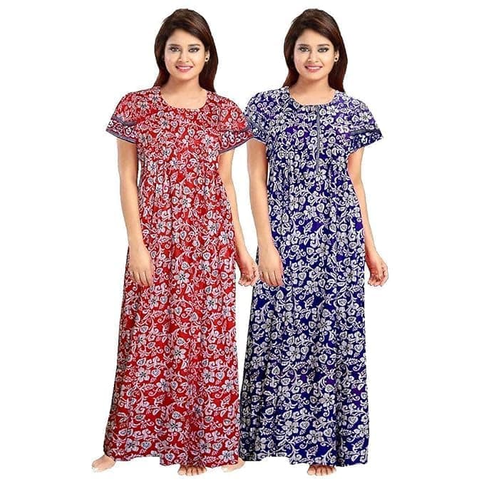 Vlazom Women's Pure Cotton Rajasthani Nighty & Jaipuri Maxi Gown – Pack of 2, Soft & Breathable Sleepwear (Red,Blue, Free Size)