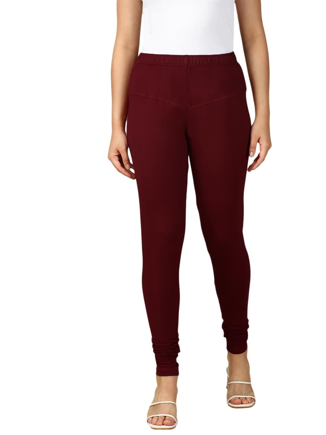 PYNK Solid Premium Cotton Lycra Leggings for Women Churidar_01_FS_1PC Deep Maroon
