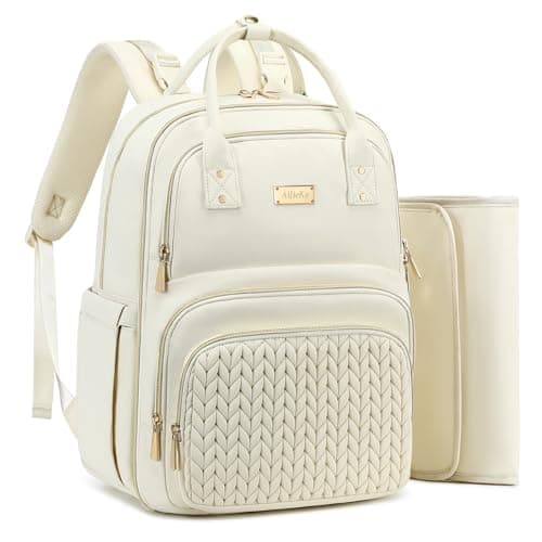 AIJIEKE Quilted Diaper Bag Backpack with Changing Pad & Stroller Straps, Large Baby Bag for Mom and Dad, Travel Backpack Diaper Bag with Insulated Pockets & Wet/Dry Separation, Lightweight, Beige